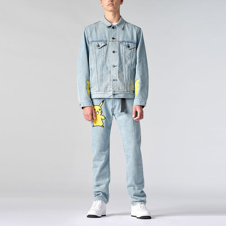 Men's Levis x Pokmon Crossover Pikachu Embroidered Cartoon Denim Jacket Cartoon Denim 77380-0040