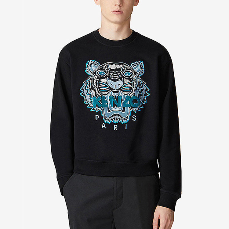 Men's KENZO FW20 Tiger Head Embroidered Cotton Round Neck Long Sleeves Sports Black FA65SW1104XA-99