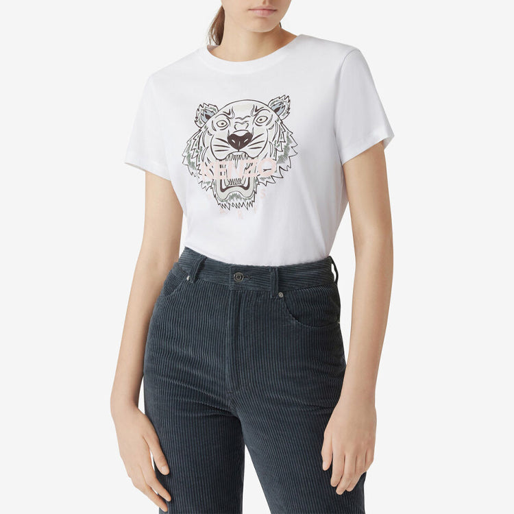 KENZO Tiger Head Printing Pattern Round Neck Short Sleeve White FA62TS8464YB-01