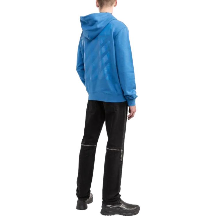 Men's Off-White FW22 Solid Color Back Stripe Printing Hooded Long Sleeves Version Blue OMBB097F22FLE0034545