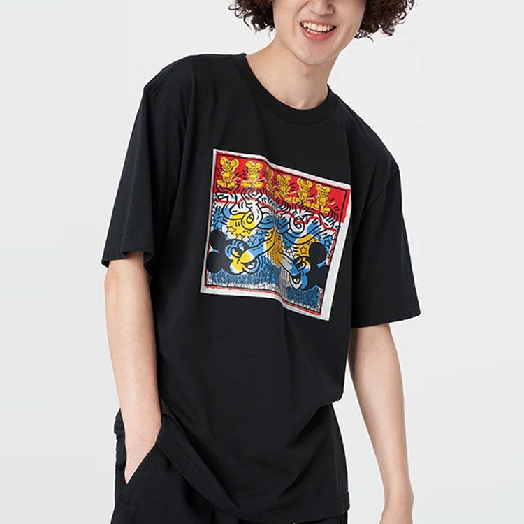 Li-Ning x Disney Crossover Mickey x Keith Haring Series Pattern Printing Sports Round Neck Short Sleeve Black AHSR499-2