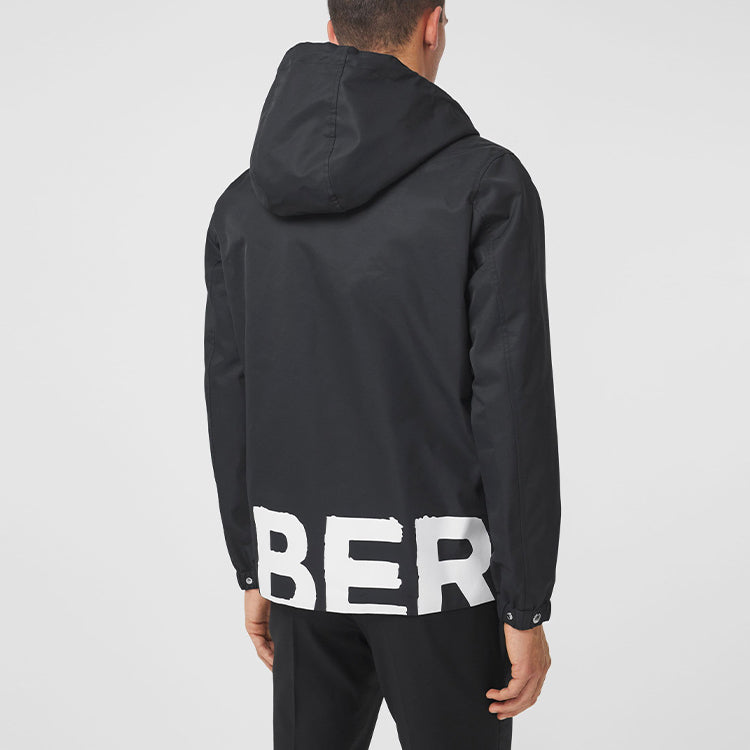 Men's Burberry Logo Printing Nylon Hooded Jacket Black 80374871