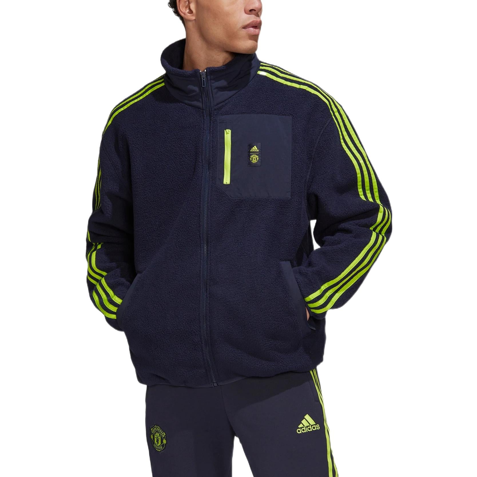 Men's adidas Logo Printing Pattern Stripe Soccer/Football Jacket Navy Blue HE6645