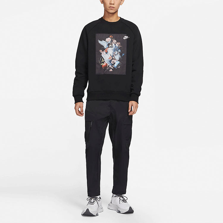 Men's Nike AF-1 Pattern Splicing Fleece Knit Round Neck Pullover Black DD6516-010
