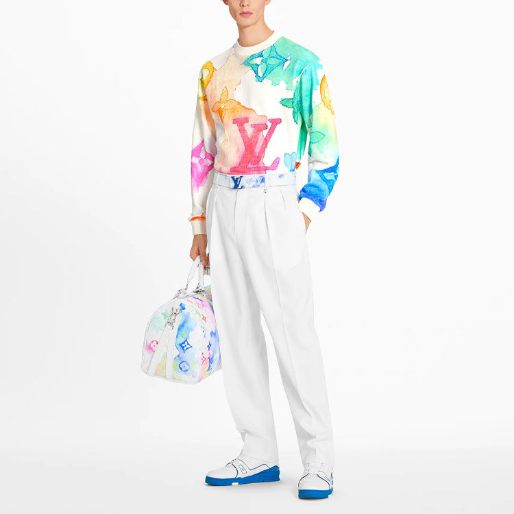 Men's LOUIS VUITTON FW21 Logo Full Print Round Neck Long Sleeves White 1A8QV7