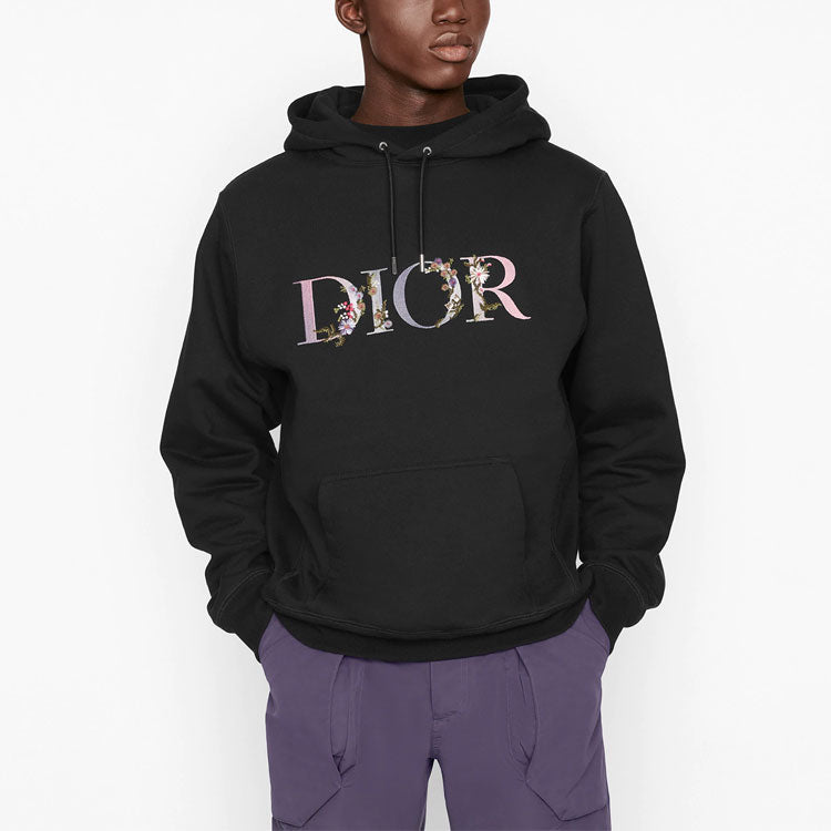 Men's DIOR SS21 Flowers Logo Embroidered Printing Loose Classic hooded Sports Black 113J688A0531-C984