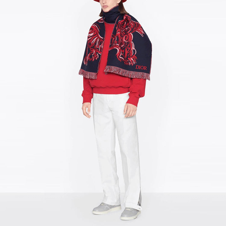 Men's DIOR x Kenny Scharf Crossover SS22 TIGER Printing Round Neck Long Sleeves Red 213J645A0531-C303