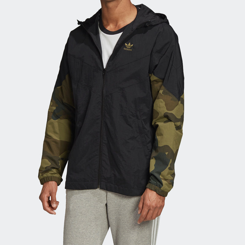 adidas originals Camo Wb Camouflage Splicing Sports hooded Windbreaker Jacket Black FM3359