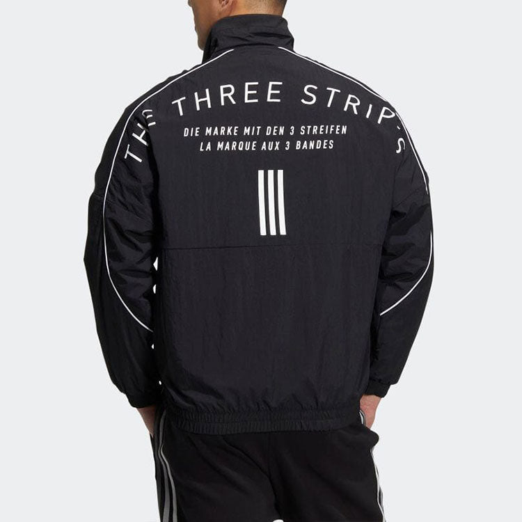 adidas Solid Color Minimalistic Alphabet Printing Casual Sports Stand Collar Woven Unisex Black Jacket HM2691
