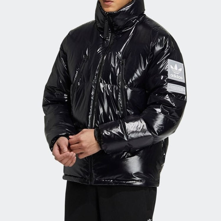 Men's adidas originals Solid Color Zipper Long Sleeves Stand Collar Black Down Jacket H66013