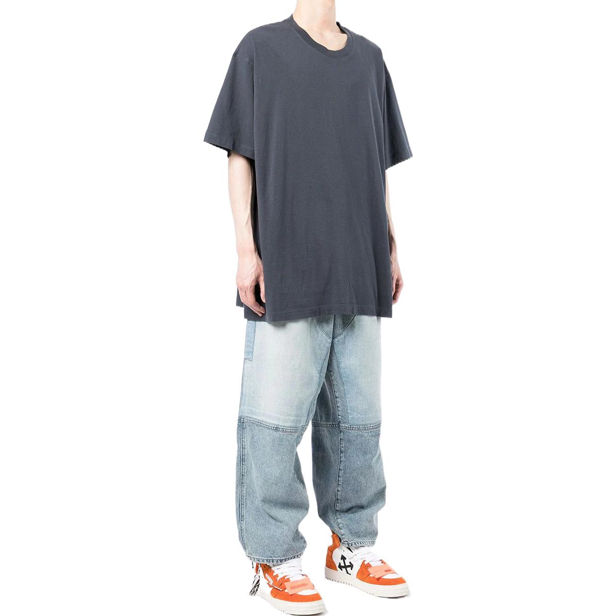 Men's Off-White Stripe Printing Short Sleeve Loose Fit Navy Blue T-Shirt OMAA038S22JER0024646