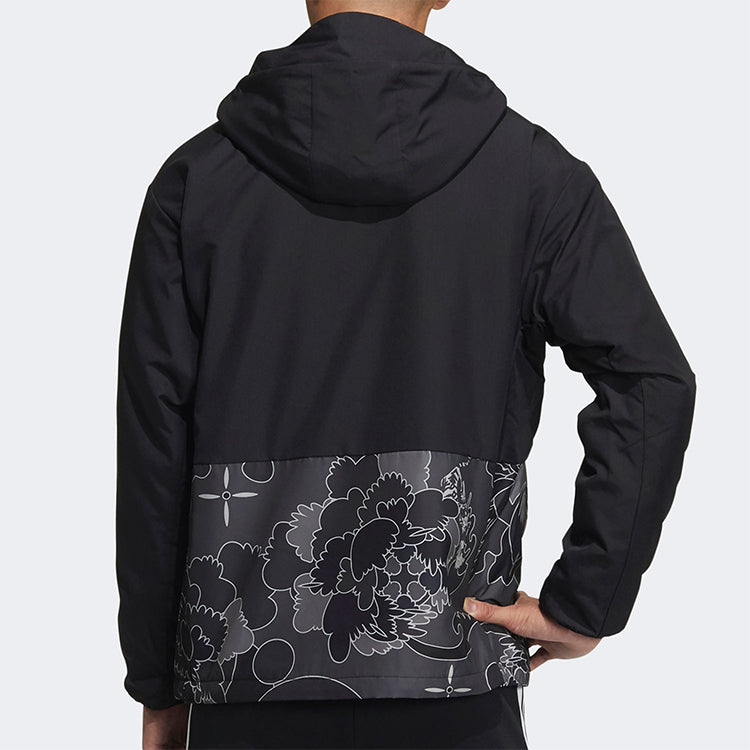 adidas Aop Block Colorblock Windproof Fleece Lined Stay Warm Hooded Jacket Black GT6484