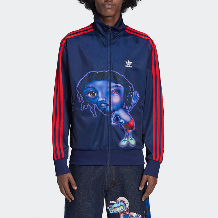 Men's adidas originals x Kerwin Frost Crossover Cartoon Printing Stripe Stand Collar logo Sports Jacket Blue H66305