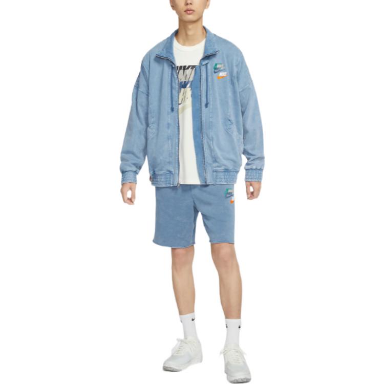 Men's Nike Sportswear Solid Color Logo Casual Denim Long Sleeves Stand Collar Autumn Blue Jacket DV3314-410