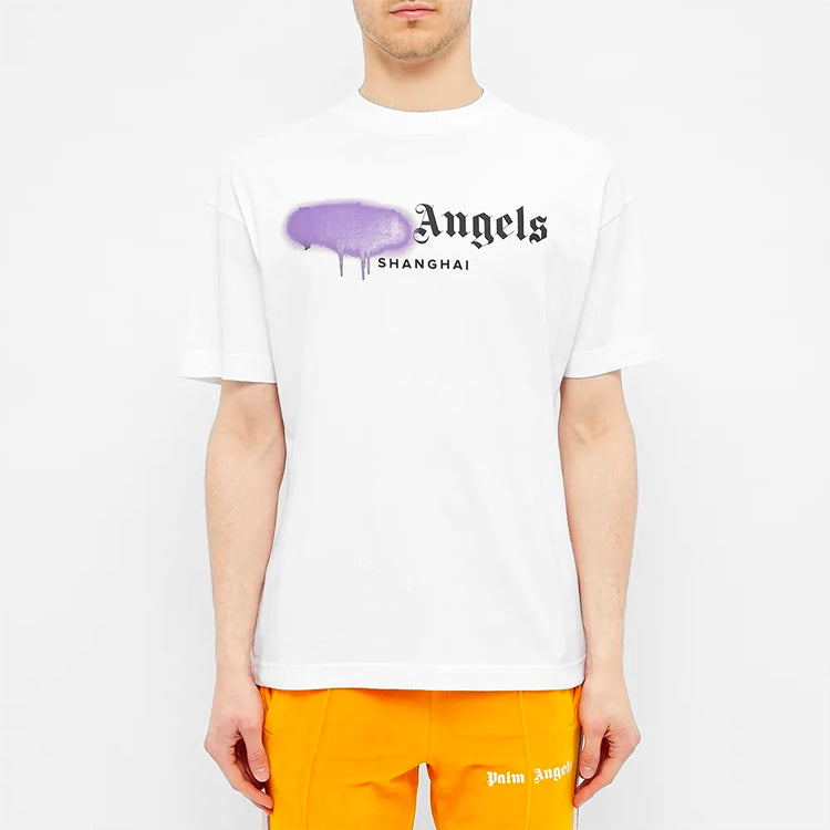 Men's PALM ANGELS Purple Graffiti Logo Short Sleeve White PMAA001S204130530195