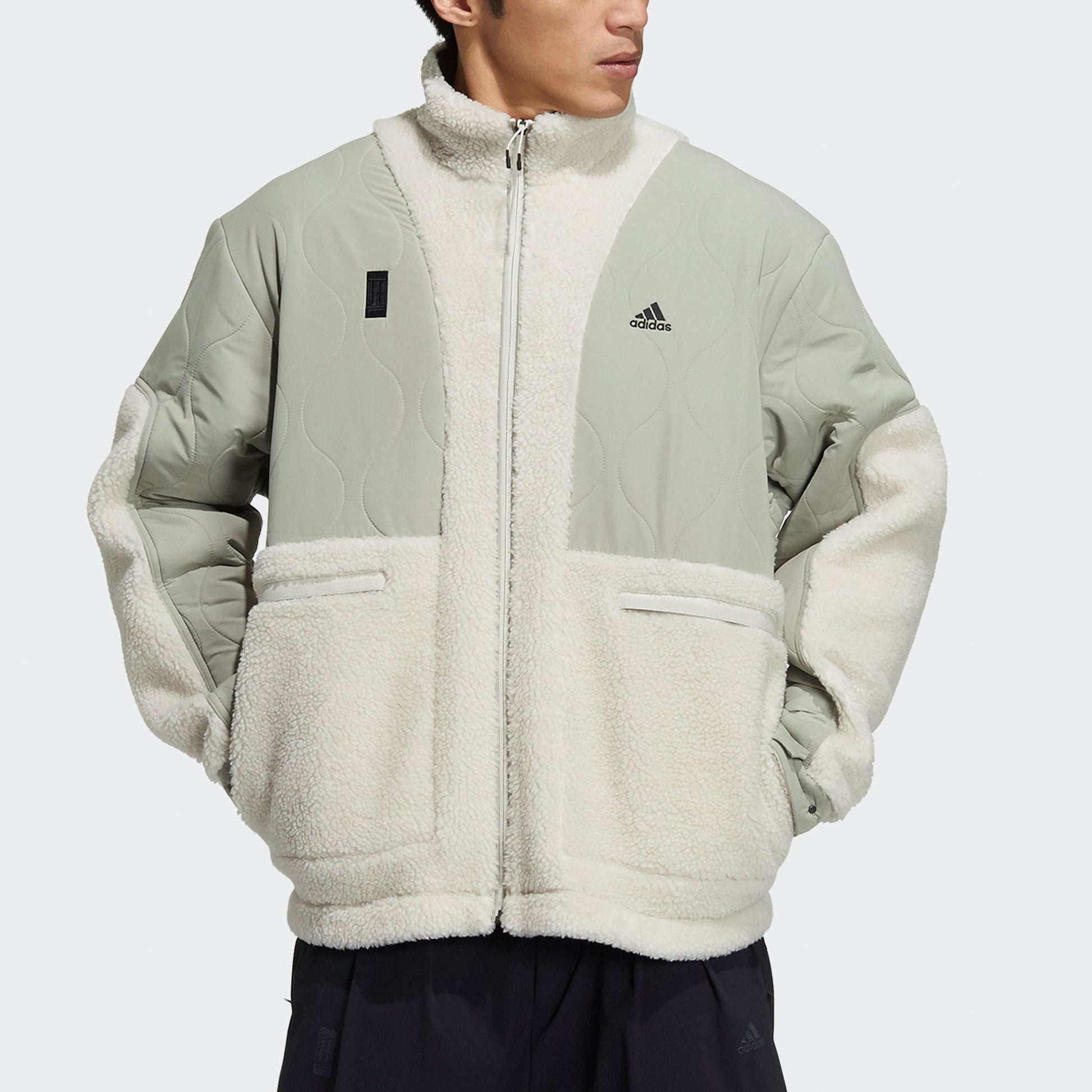 Men's adidas Wj Mixboa Jkt Martial Arts Series Lamb's Wool Splicing Stand Collar Sports Logo Jacket Creamy White H40244