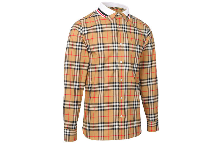 Men's Burberry Splicing Plaid Long Sleeves Shirt Beige 80049621