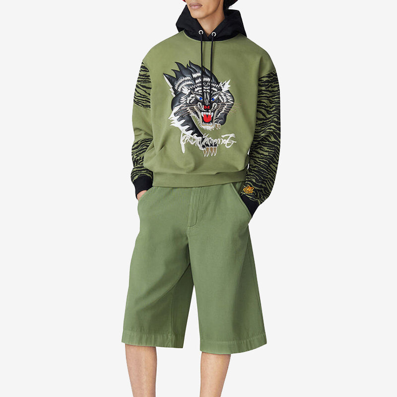 Men's KENZO Pattern Fleece Lined Loose hooded Long Sleeves Olive Green FB55SW3664MH-49