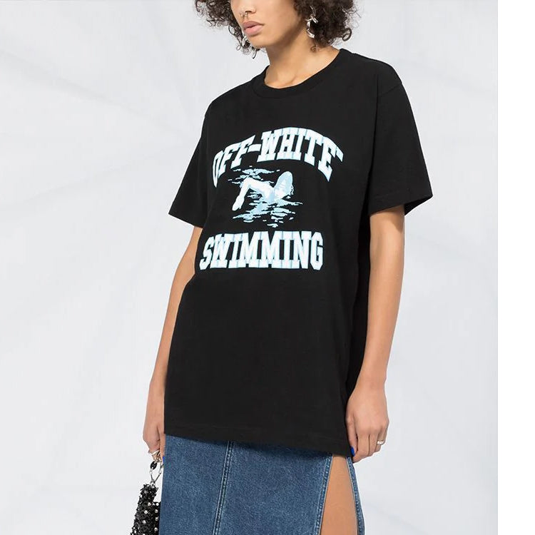 (WMNS) Off-White swimming print Short Sleeve Black OWAA071R20B070451001