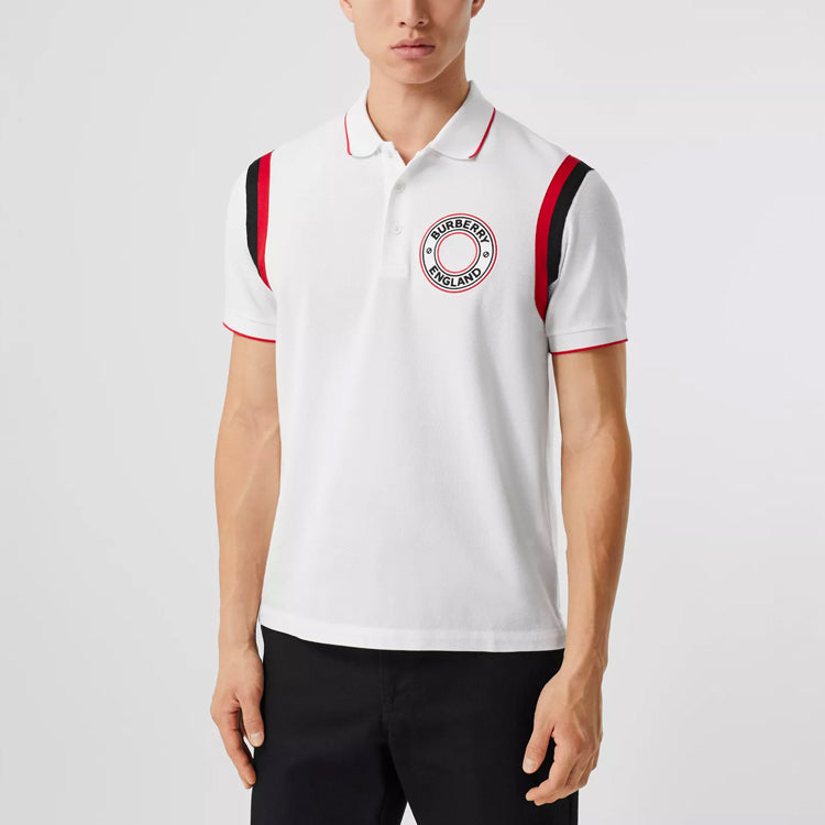 Men's Burberry Logo Pattern Intarsia Mesh Cotton Short Sleeve Polo Shirt White 80370491