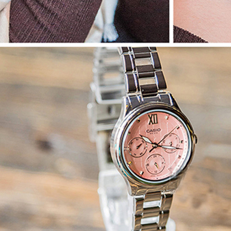 CASIO Waterproof Quartz Three Eyes Pink Dial 38mm Stainless Steel Strap Watch Analog LTP-E306D-4AVDF