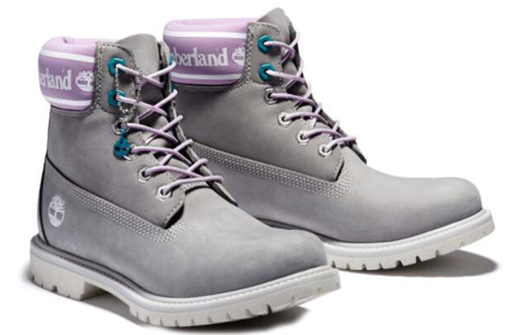 (WMNS) Timberland Premium 6 Inch Waterproof Boots 'Grey Nubuck with Purple Logo Collar' A41D6D52