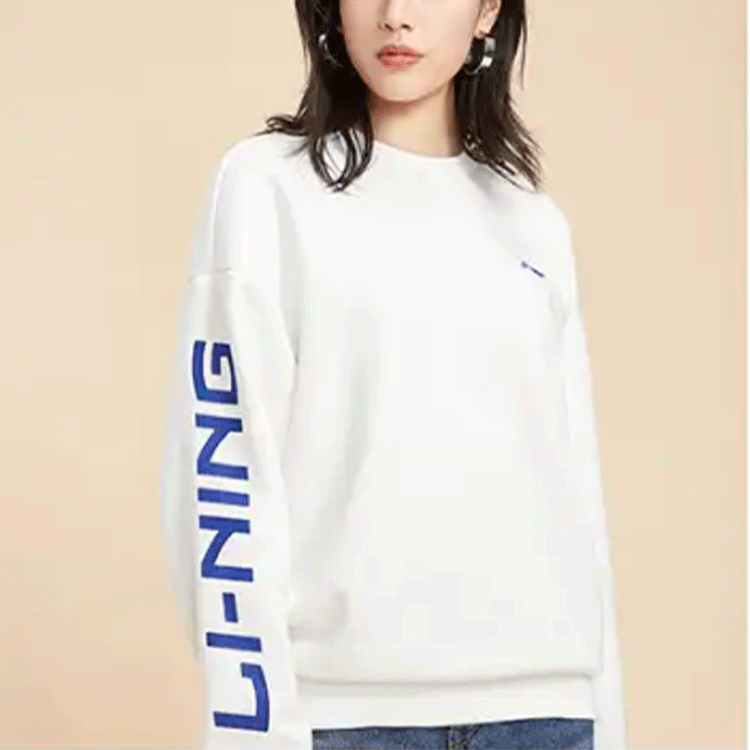 Li-Ning Sports Living Series Logo Printing Fleece Lined Loose Round Neck Pullover White AWDP932-19
