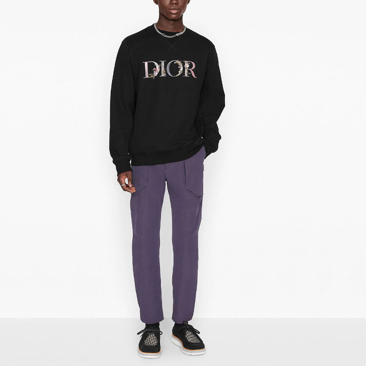 Men's DIOR SS21 Logo Alphabet Flowers Round Neck Pullover Black 113J687A0531-C984