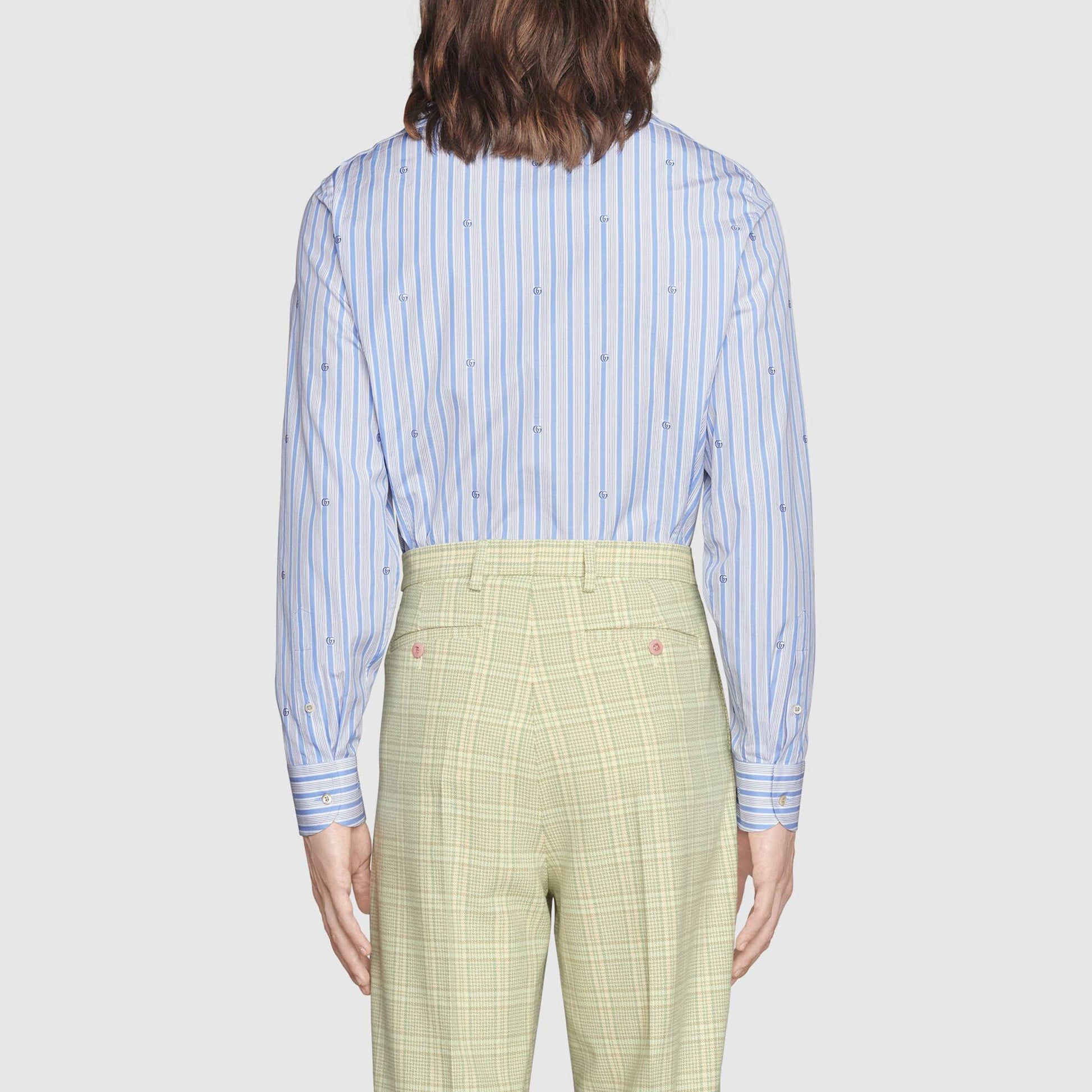 Men's Gucci SS21 Double G Full Print Stripe Long Sleeves Blue Shirt 659875-ZAGV5-9018