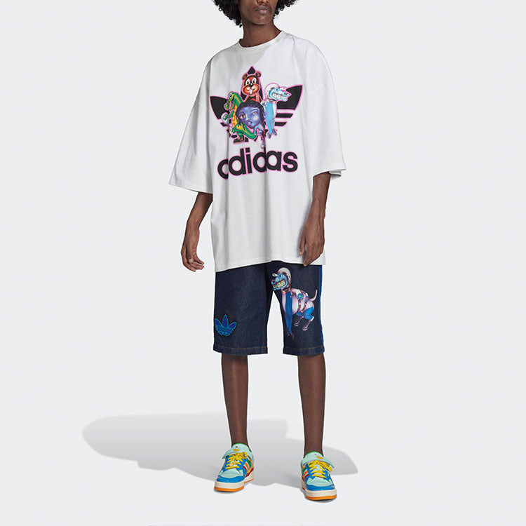 Men's adidas originals x Kerwin Frost Crossover Cartoon Printing Loose Round Neck Short Sleeve White T-Shirt HB2964