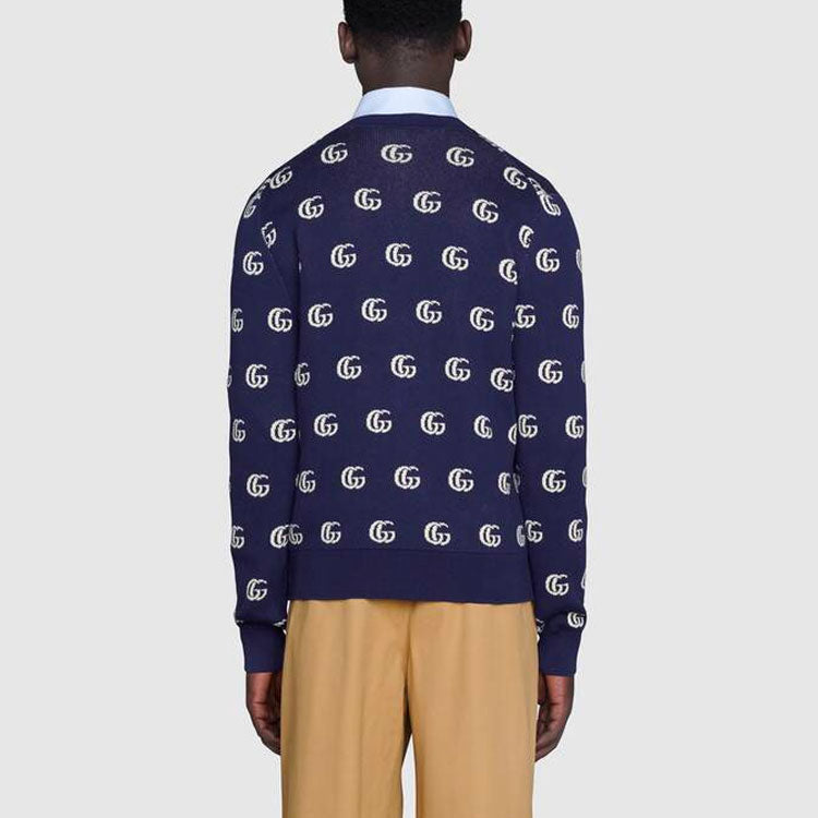 Men's Gucci FW21 GG Full Print Cotton Jacquard Knit Cardigan Blue 660285-XKBVB-4594