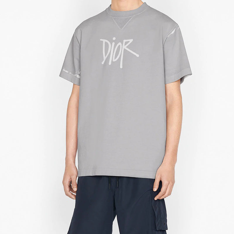 DIOR And Shawn Stussy Collaborative Letter Logo Print Oversized Short Sleeve For Men Grey 033J625E0554-C800
