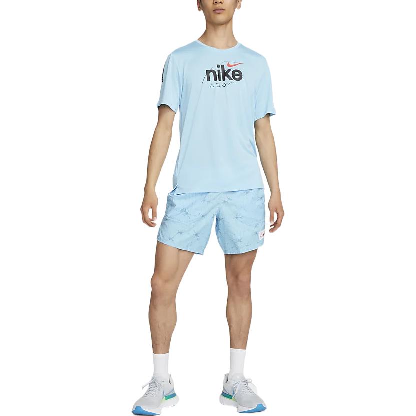 Men's Nike Dri-Fit Miler D.Y.E. Alphabet Logo Sports Round Neck Short Sleeve Blue T-Shirt DQ4735-499