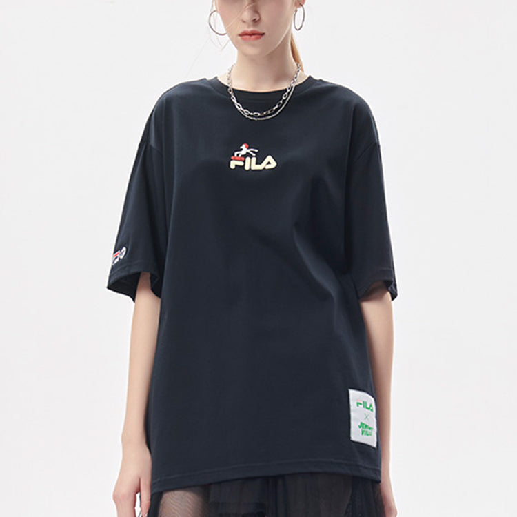 FILA FUSION x Jeremyville Crossover Skateboard Sports Printing Loose Short Sleeve Couple Style Black T11U139103F-BK
