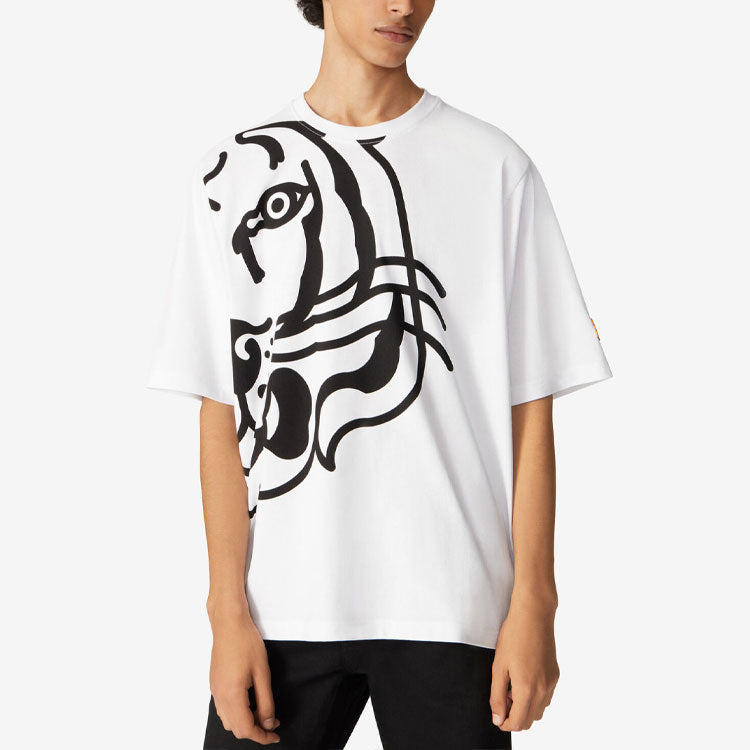 Men's KENZO K-Tiger Tiger Head Pattern Round Neck Short Sleeve White T-Shirt FA65TS5334TK-01