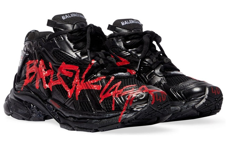 Balenciaga Runner Graffiti Sneakers 'Black and Red Mesh and Nylon' 677403W3RBQ1060