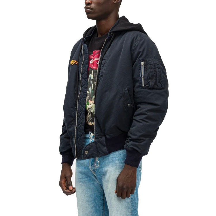 Off-White FW20 Stencil Vintage Applique Hooded Long-sleeve Jacket Men's Navy Blue OMEH017E20FAB0014501
