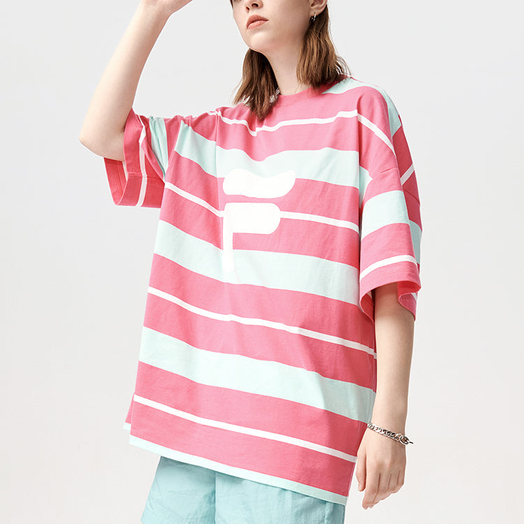 FILA FUSION Contrasting Colors Stripe Loose Sports Short Sleeve Light Lilac Purple T-Shirt T11W122114F-PC