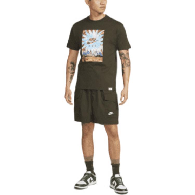 Men's Nike Landscape Logo Printing Round Neck Casual Short Sleeve Green T-Shirt DQ1020-355