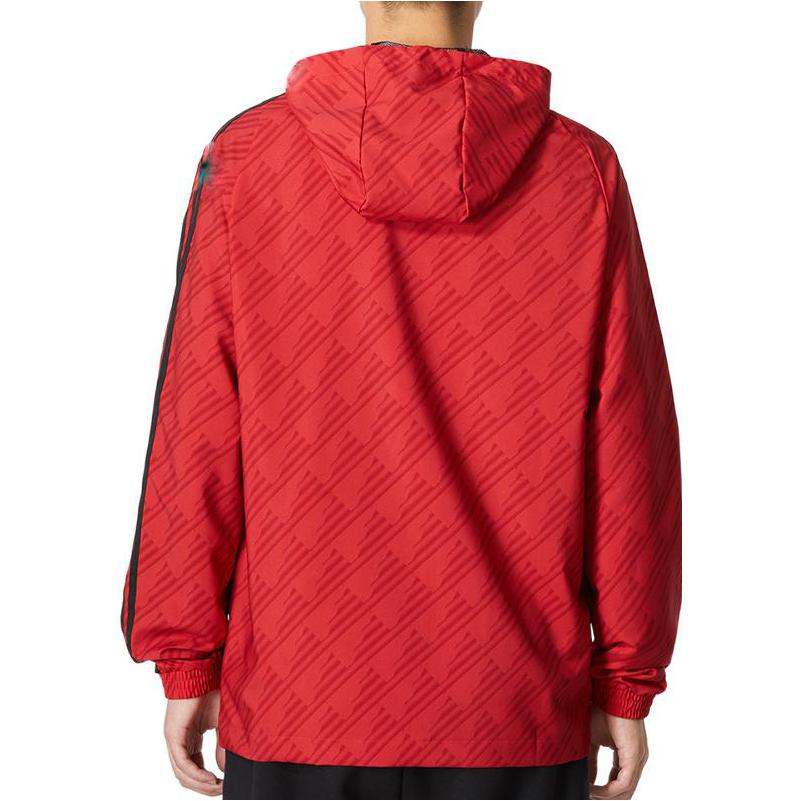 Men's adidas Solid Color Stand Collar Zipper Manchester United Soccer/Football Logo Sports Hooded Jacket Red HE6649