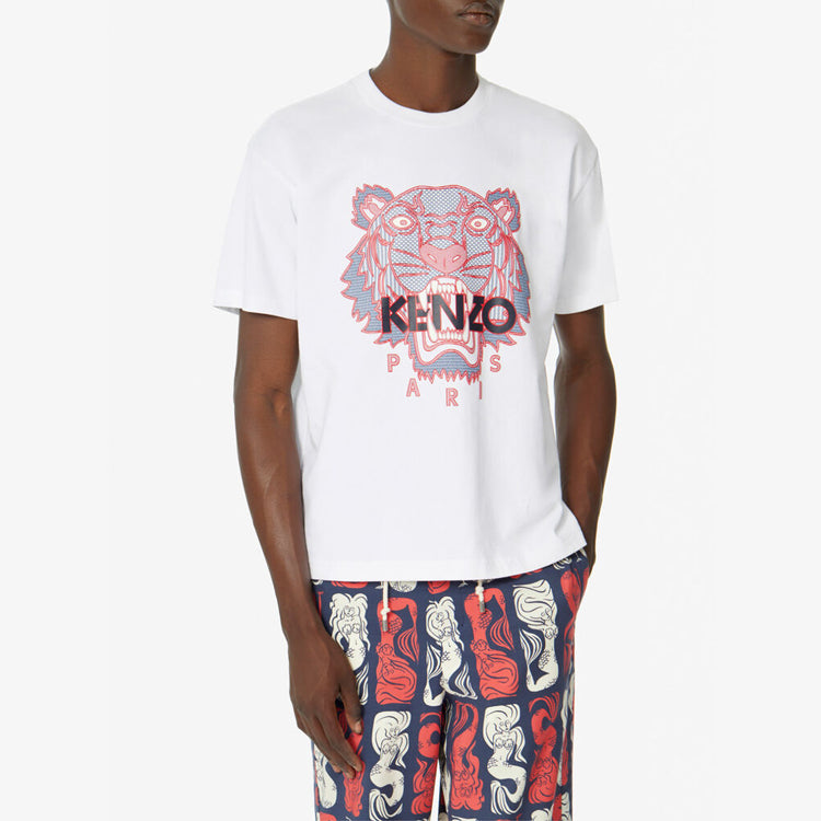 Men's KENZO Tiger Head Printing Cotton Short Sleeve White FA5-5TS511-4YO-01