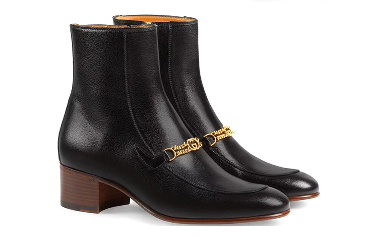 (WMNS) Gucci Leather Boots with Interlocking G chains 'Black' 648697-D3V00-1000