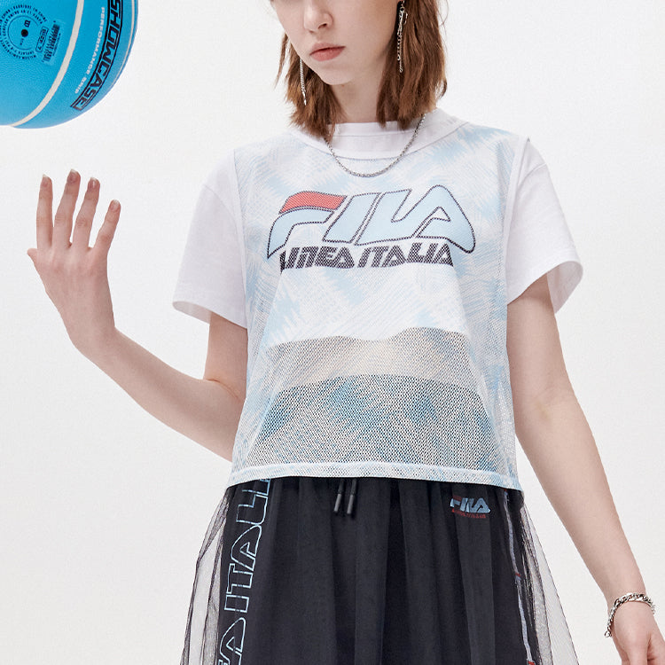 FILA FUSION Logo Printing Design Double Layer Sports Loose Short Sleeve White T11W125101F-LB