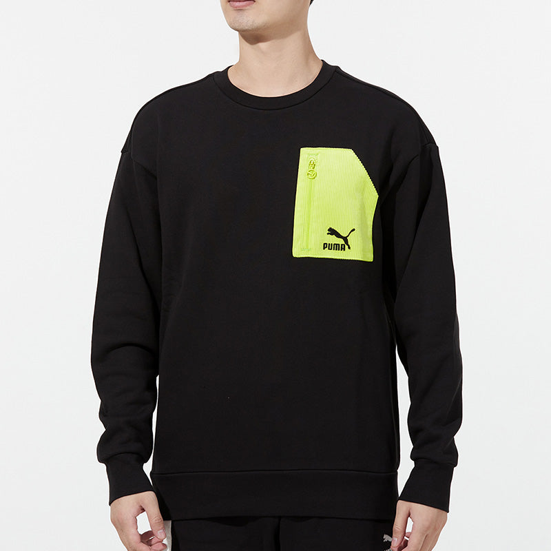 PUMA Contrasting Colors Zipper Pocket Sports Round Neck Pullover Black 535130-01