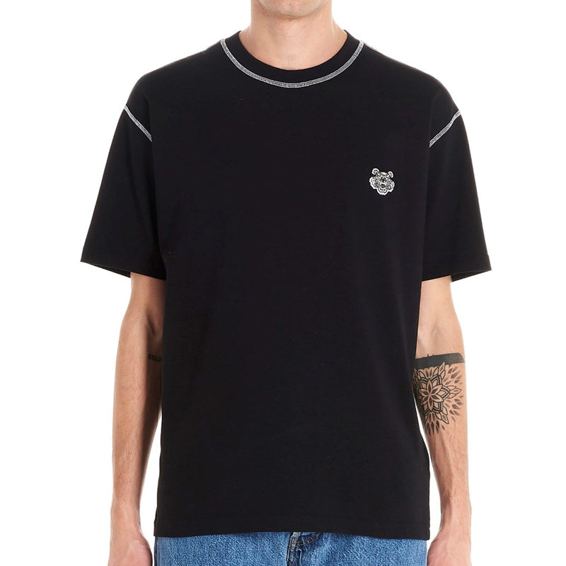 Men's KENZO Tiger Head Pattern Embroidered Round Neck Short Sleeve Black FA5-5TS081-4BD-99
