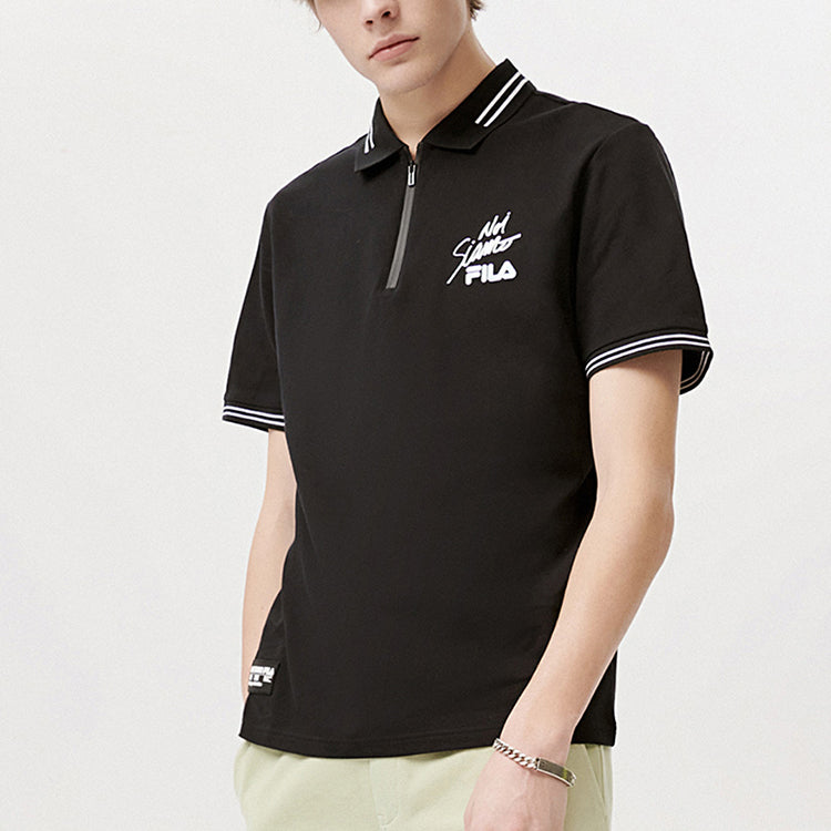 Men's FILA FUSION Business Casual Alphabet Printing Short Sleeve polo Dark Black Polo Shirt T11M121110F-BK