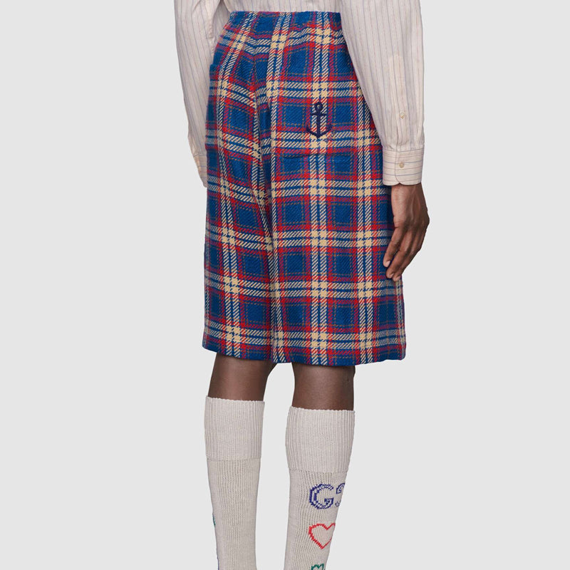 Gucci Anchor Checked Cotton And Linen Shorts For Men Blue/Red 630590-ZAE37-4104