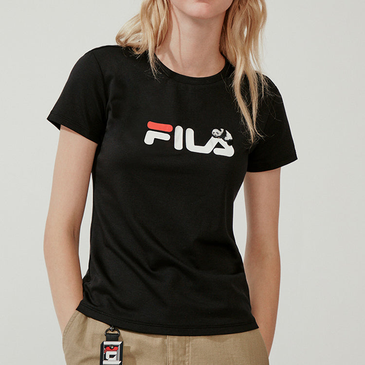 (WMNS) FILA Embroidered Panda Alphabet Short Sleeve Black F11W018141F-BK