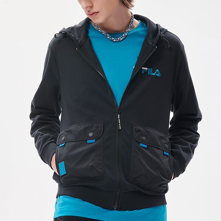 Men's FILA FUSION Big Pocket Splicing Logo Hooded Knit Jacket Dark Black T11M133501F-BK