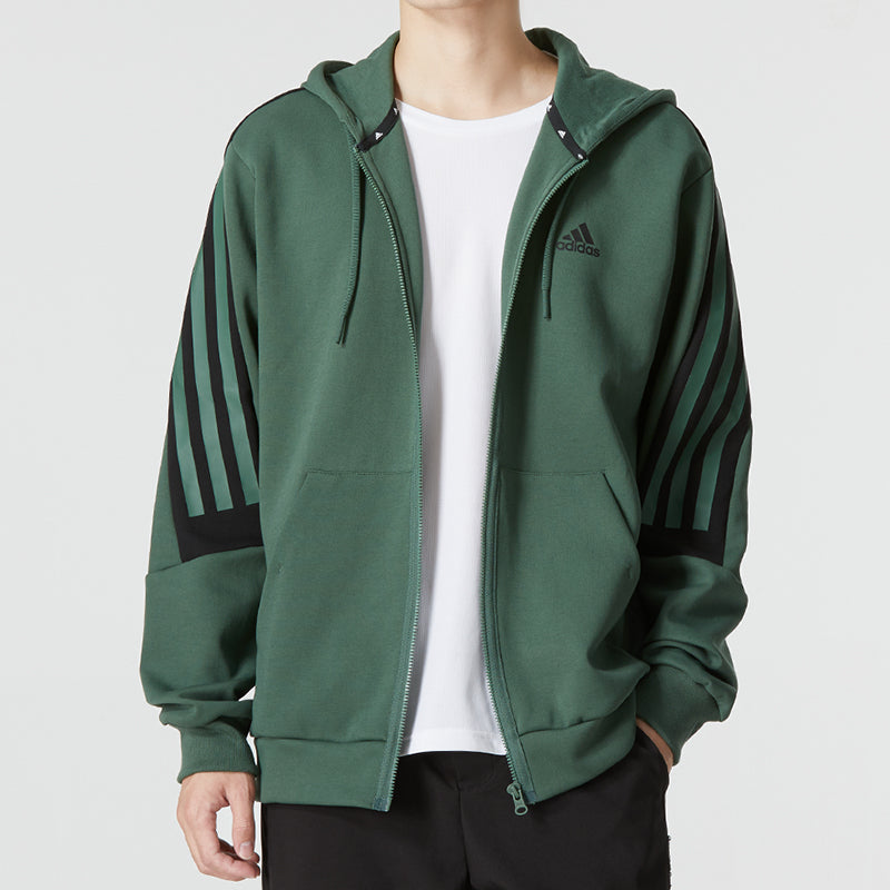 Men's adidas Stripe Logo Athleisure Casual Sports Knit Hooded Jacket Autumn Green HC5841